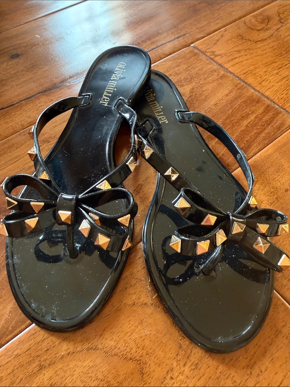 Olivia Miller Black Jelly Bow Sandals with Gold Studs Valentino style